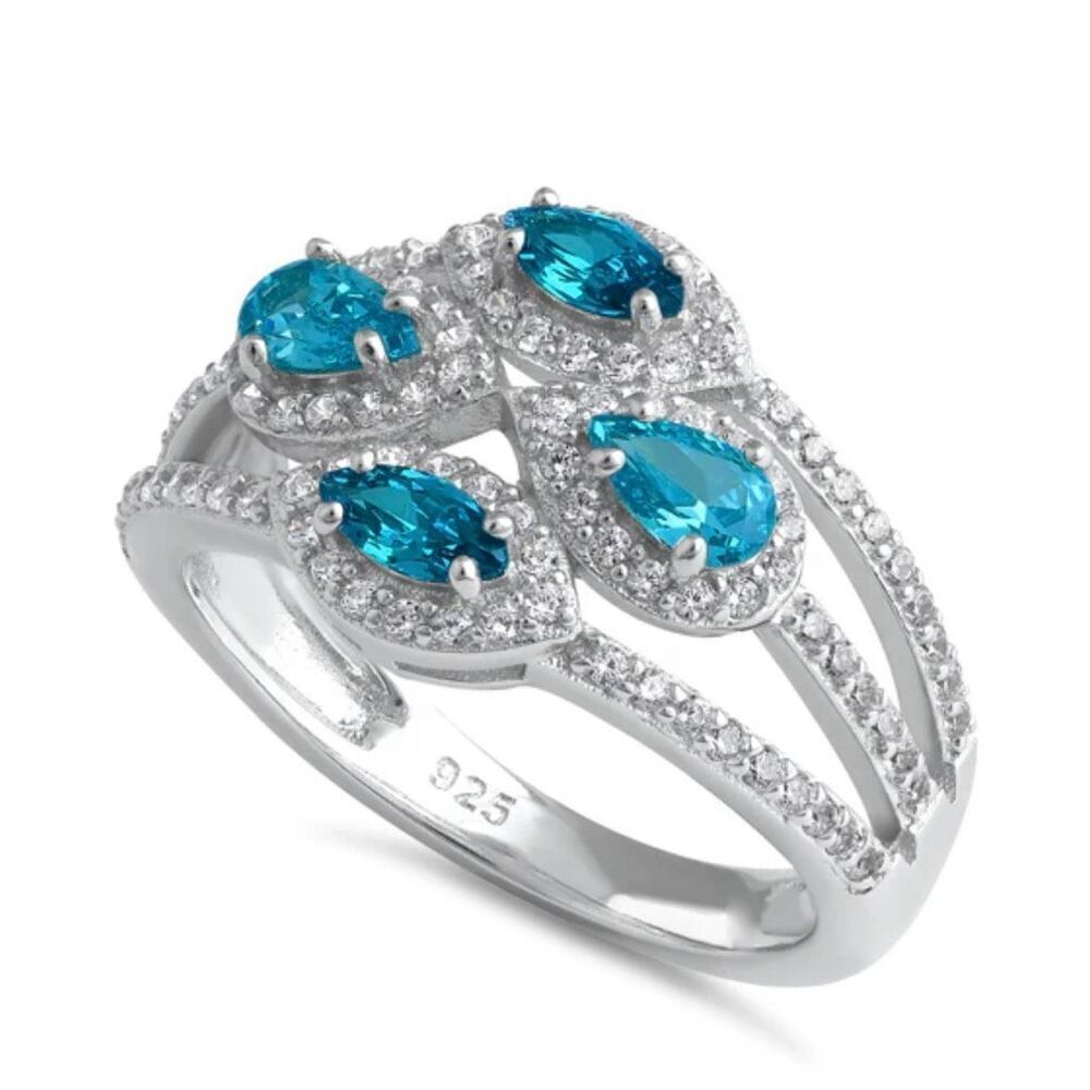 Sterling Silver Four-Stone Blue Topaz CZ Cluster Ring New